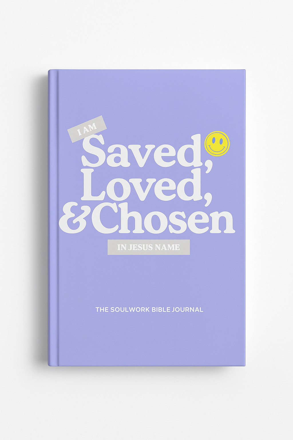 Purple book titled 'I Am Saved, Loved, & Chosen In Jesus Name' on a white background
