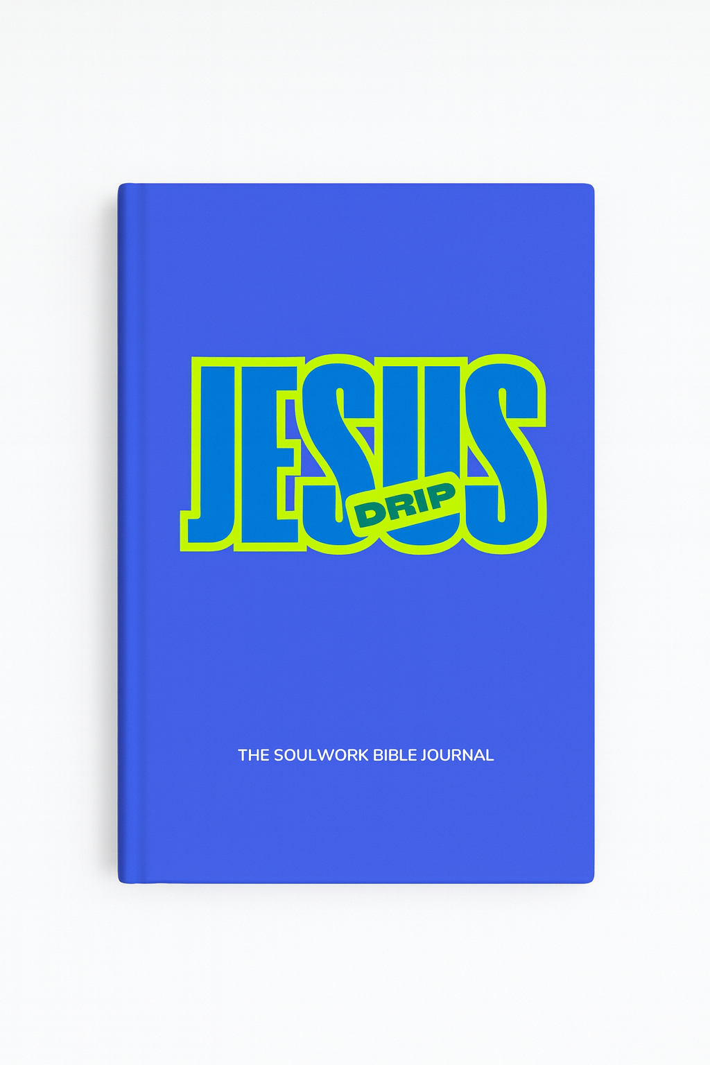 Blue notebook with 'Jesus Drip' text on a white background