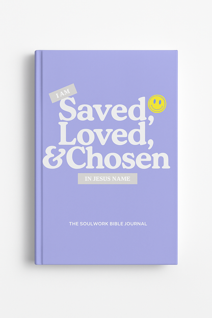 Purple book titled 'I Am Saved, Loved, & Chosen In Jesus Name' on a white background